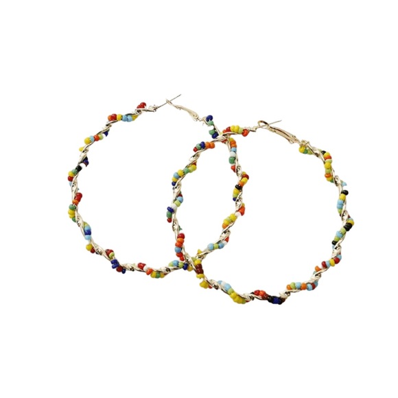 Boho Style Colorful Rice Beaded and Gold Large Hoop Earrings - Picture 2 of 5